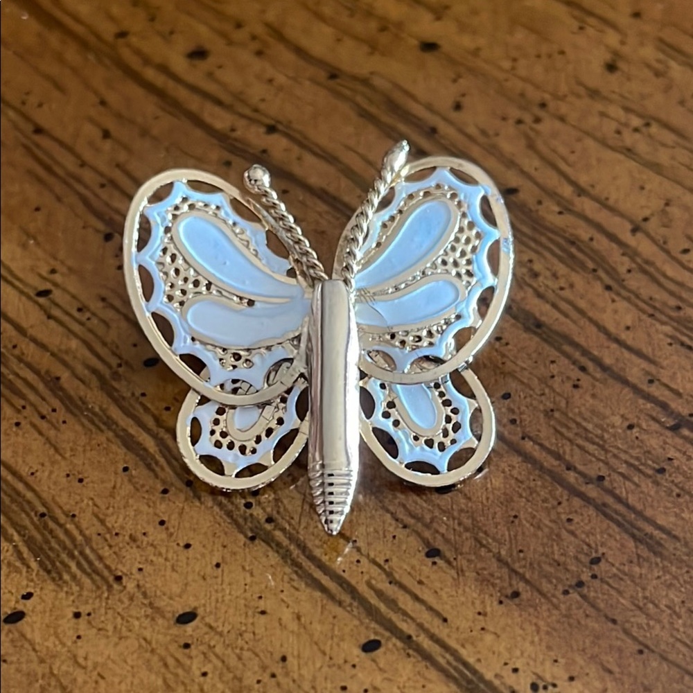 Gold and White Butterfly Enamel Brooch